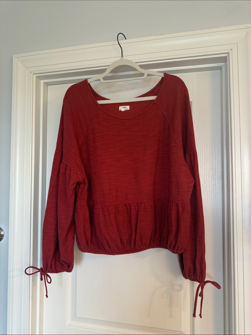 Aerie Womens Cropped Peplum Hem Long-Sleeve Knit Top Size Large Rust Red